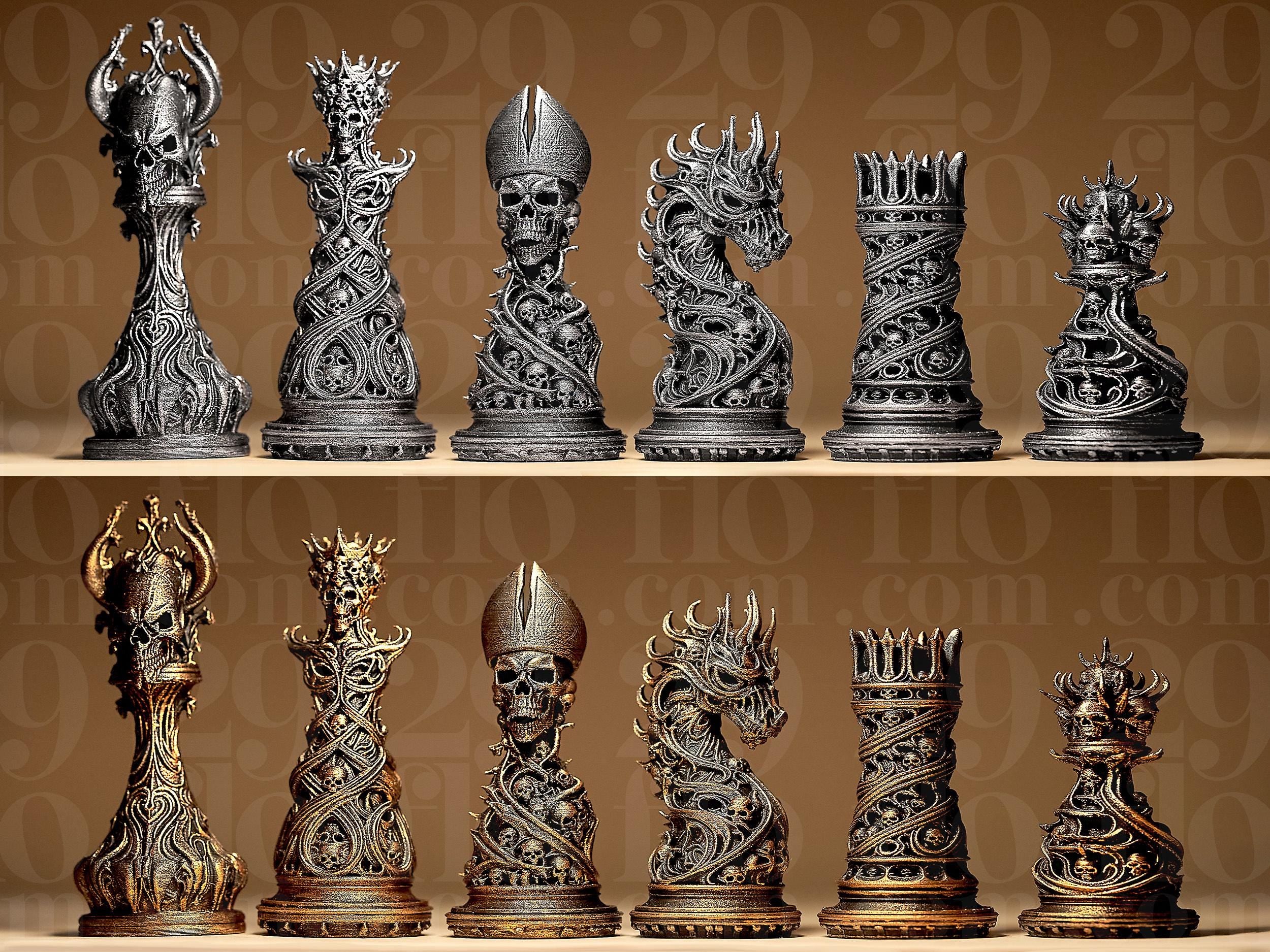 Gothic Ornamental Chess Set | Dark Art Schachfiguren | Morbid Skull Design | Sammler Deko Fehn-factory.de