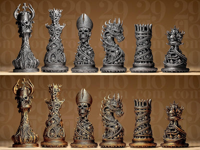 Gothic Ornamental Chess Set | Dark Art Schachfiguren | Morbid Skull Design | Sammler Deko