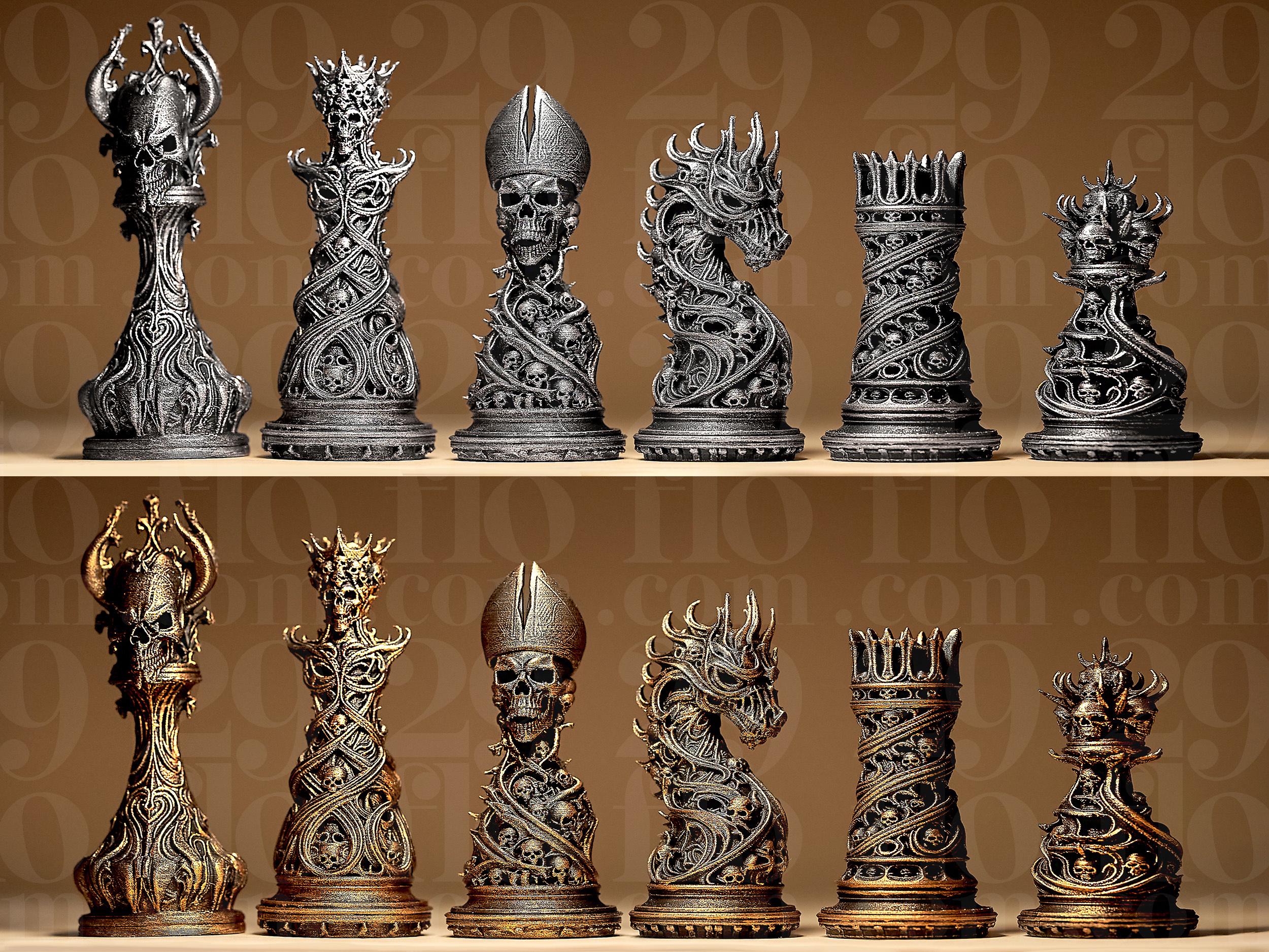 Gothic Ornamental Chess Set | Dark Art Schachfiguren | Morbid Skull Design | Sammler Deko
