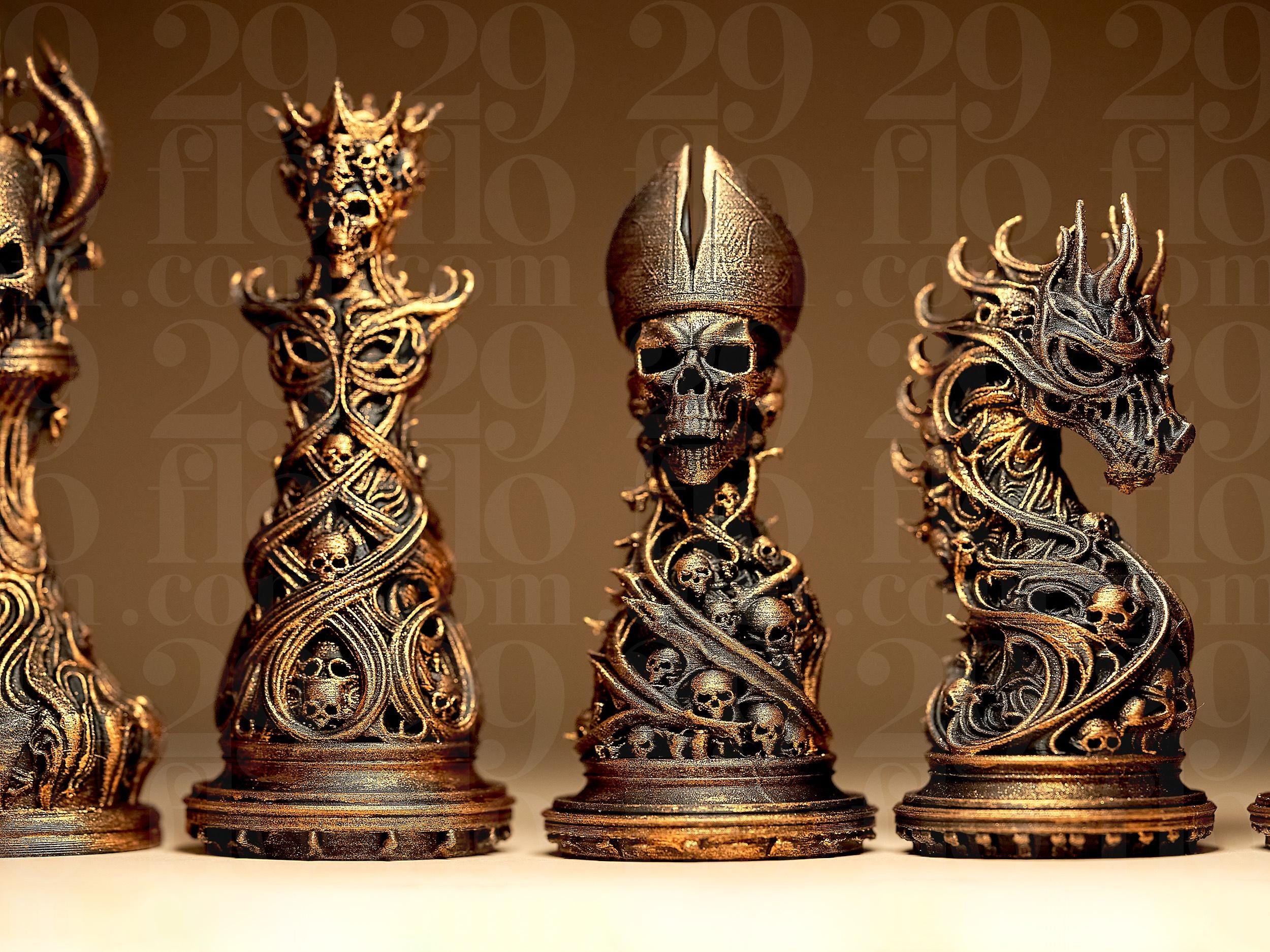 Gothic Ornamental Chess Set | Dark Art Schachfiguren | Morbid Skull Design | Sammler Deko Fehn-factory.de