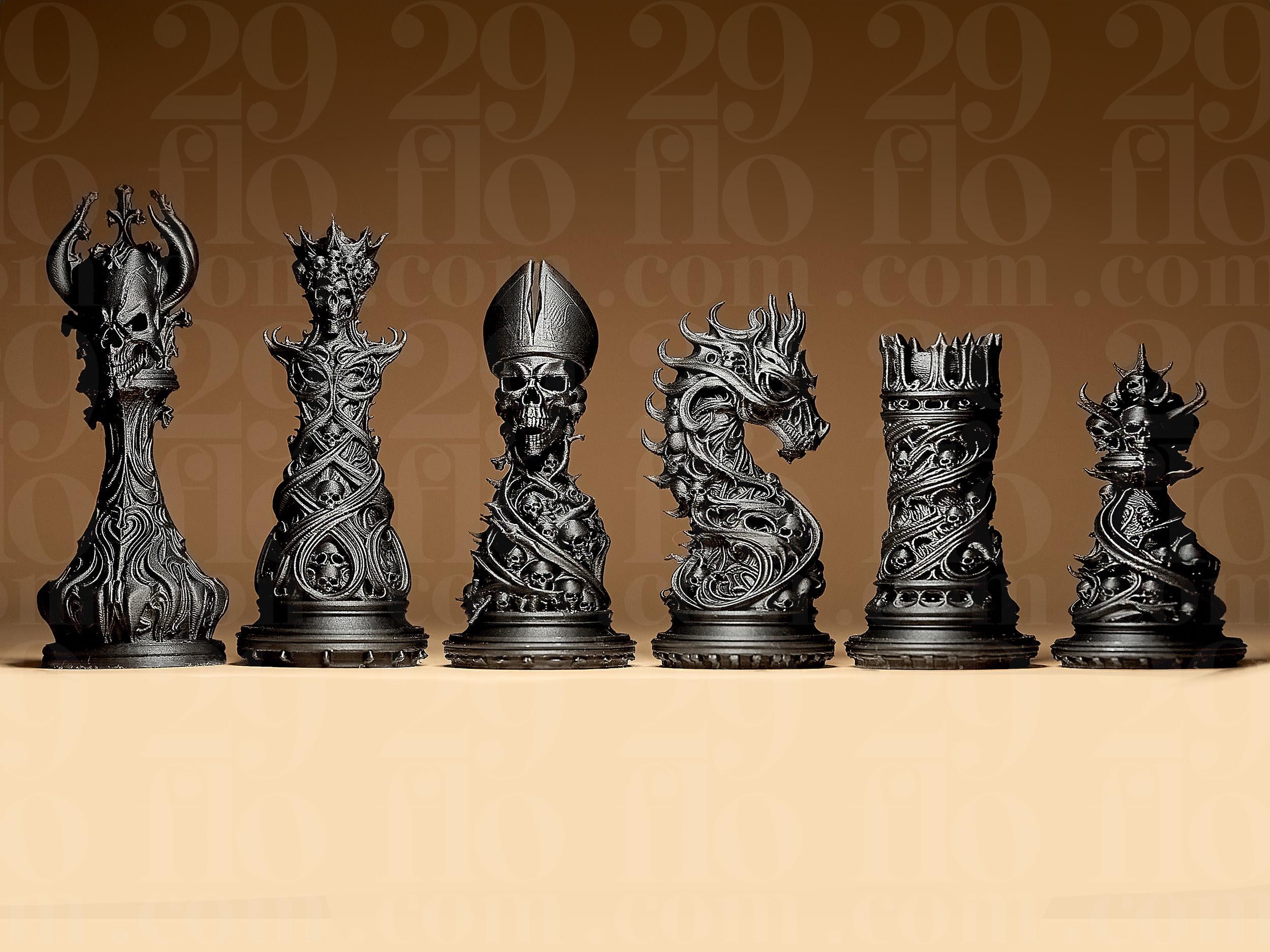 Gothic Ornamental Chess Set | Dark Art Schachfiguren | Morbid Skull Design | Sammler Deko