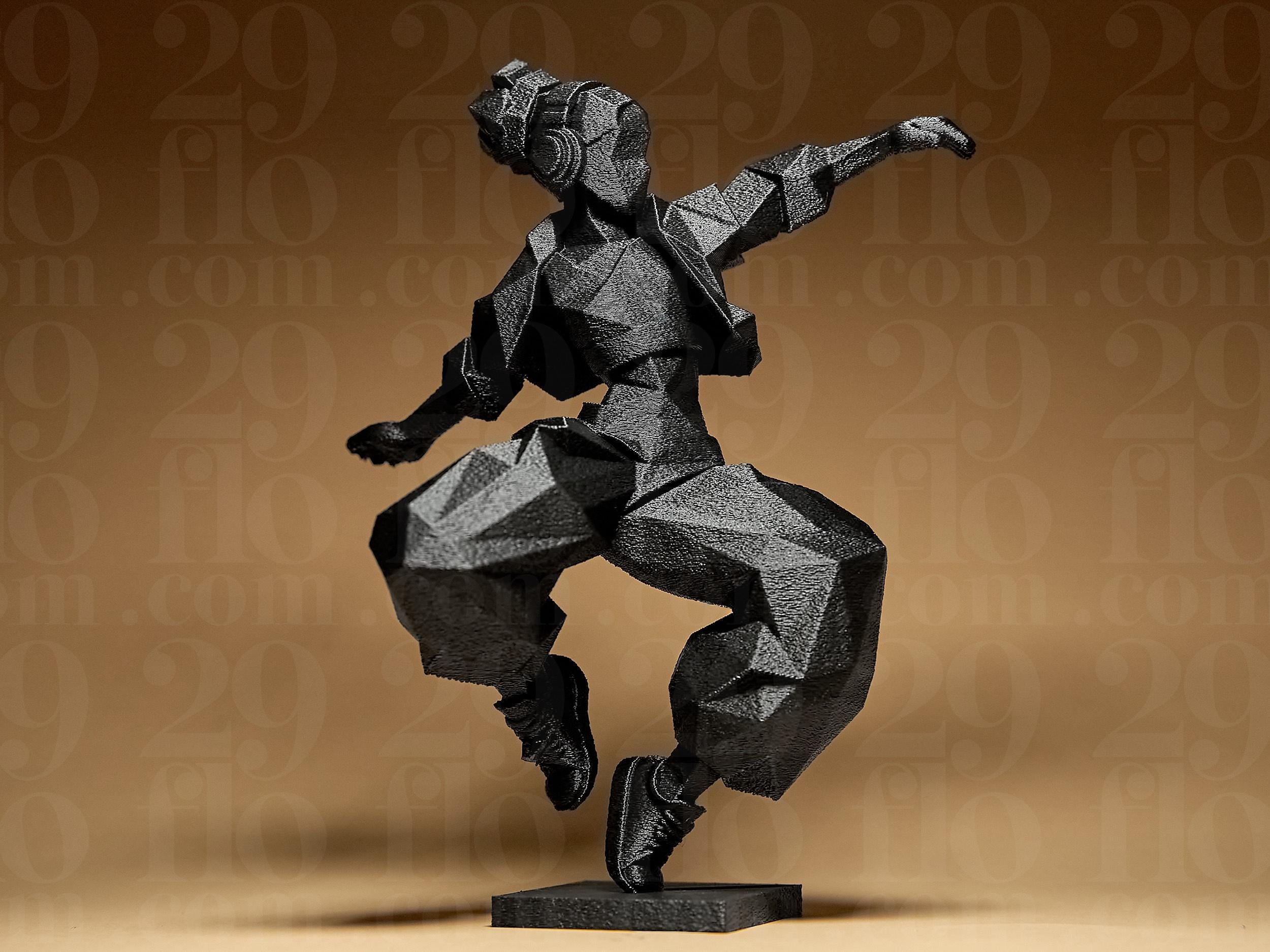 Geometric HipHop Dancer | 3D-gedruckte Designfigur | Polygonale Tanz-Skulptur in Schwarz | Moderne Street-Art-Deko Fehn-factory.de