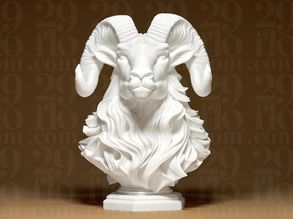Elegant RAM Sculpture | Weiße 3D-gedruckte Widder-Büste | Moderne Tier-Skulptur | 29Flo White Series | Luxuriöse Dekofigur Fehn-factory.de