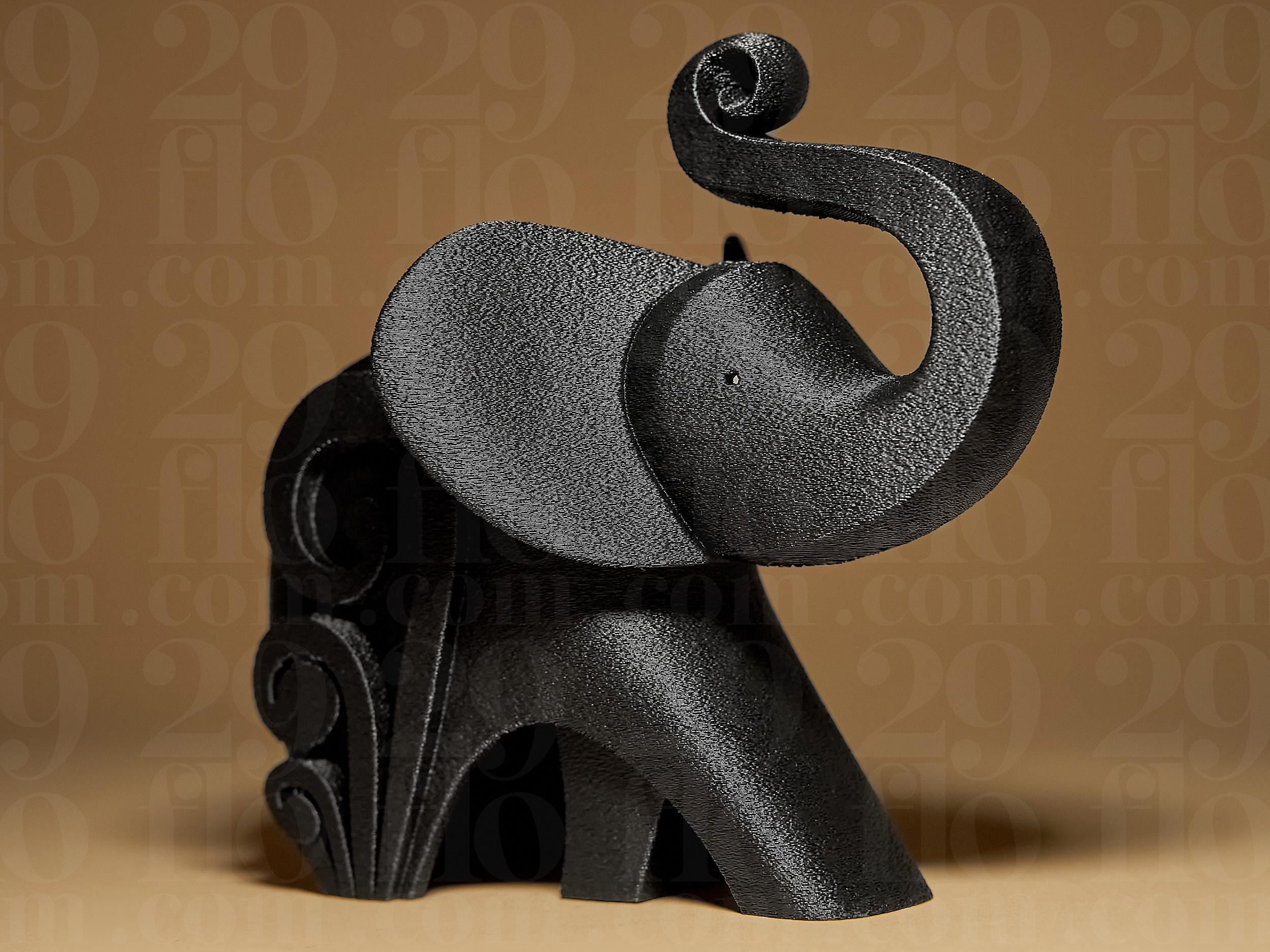 Happy Elephant #3 | Schwarze 3D-gedruckte Elefantenfigur | Moderne geometrische Deko | 29Flo Black Series | Glücksbringer & Designobjekt Fehn-factory.de
