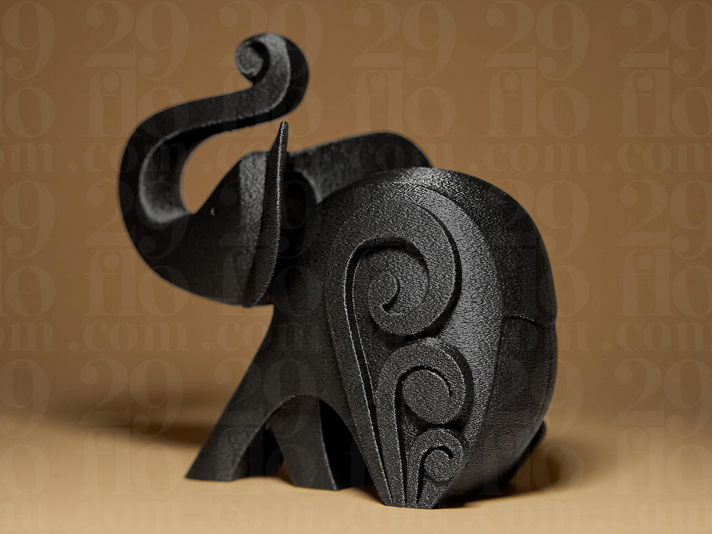 Happy Elephant #3 | Schwarze 3D-gedruckte Elefantenfigur | Moderne geometrische Deko | 29Flo Black Series | Glücksbringer & Designobjekt Fehn-factory.de