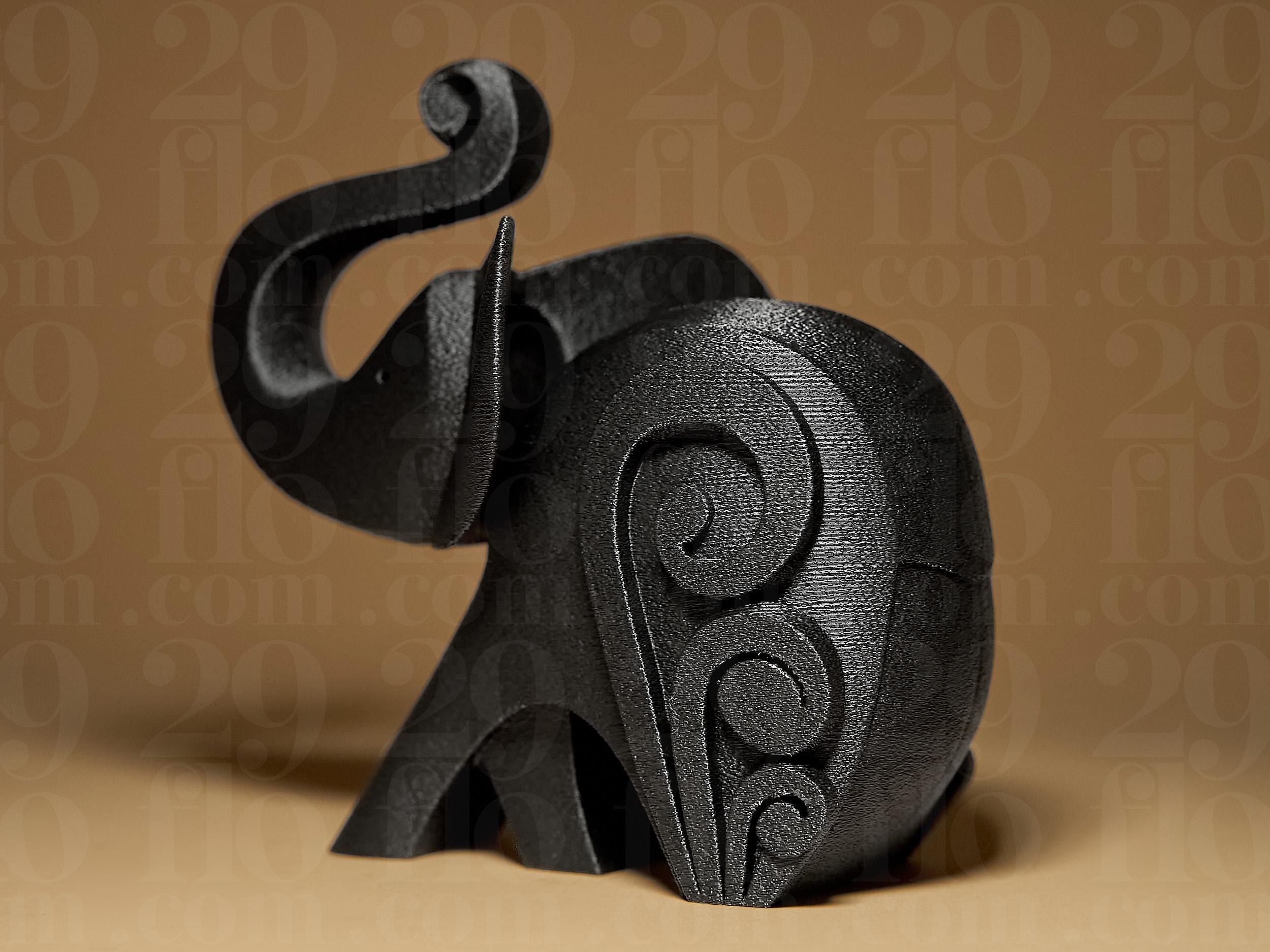 Happy Elephant #3 | Schwarze 3D-gedruckte Elefantenfigur | Moderne geometrische Deko | 29Flo Black Series | Glücksbringer & Designobjekt Fehn-factory.de
