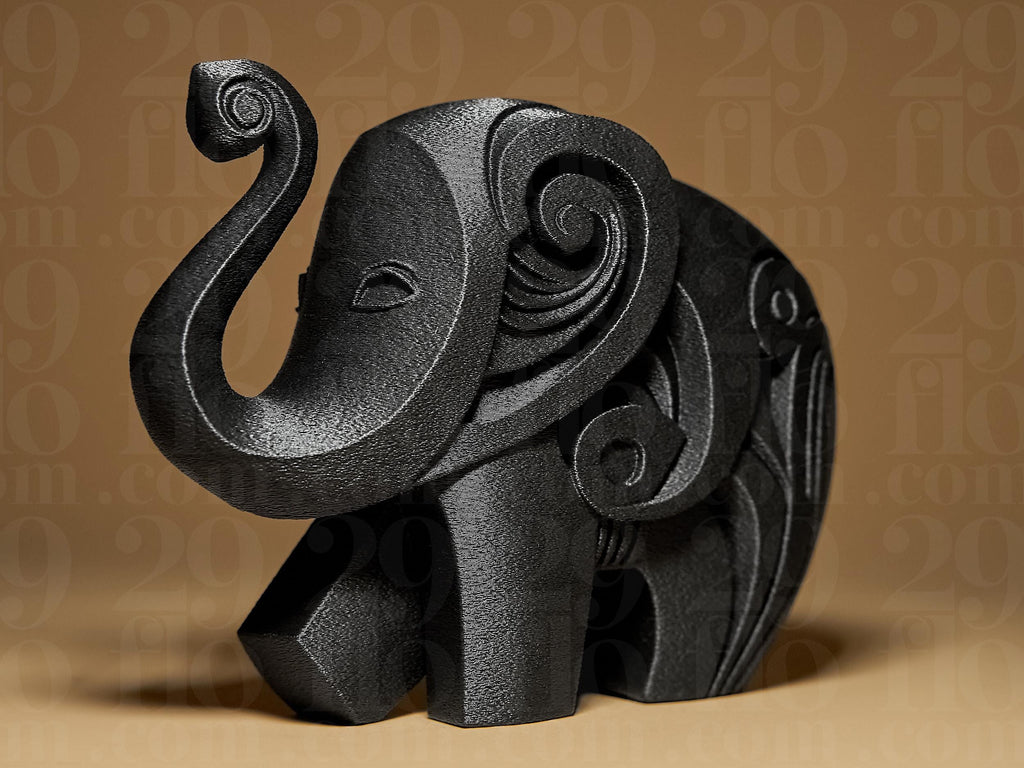 Happy Elephant #2 | Schwarze 3D-gedruckte Elefantenfigur | Geometrische Deko | 29Flo Black Series | Glückselefant & Designobjekt Fehn-factory.de