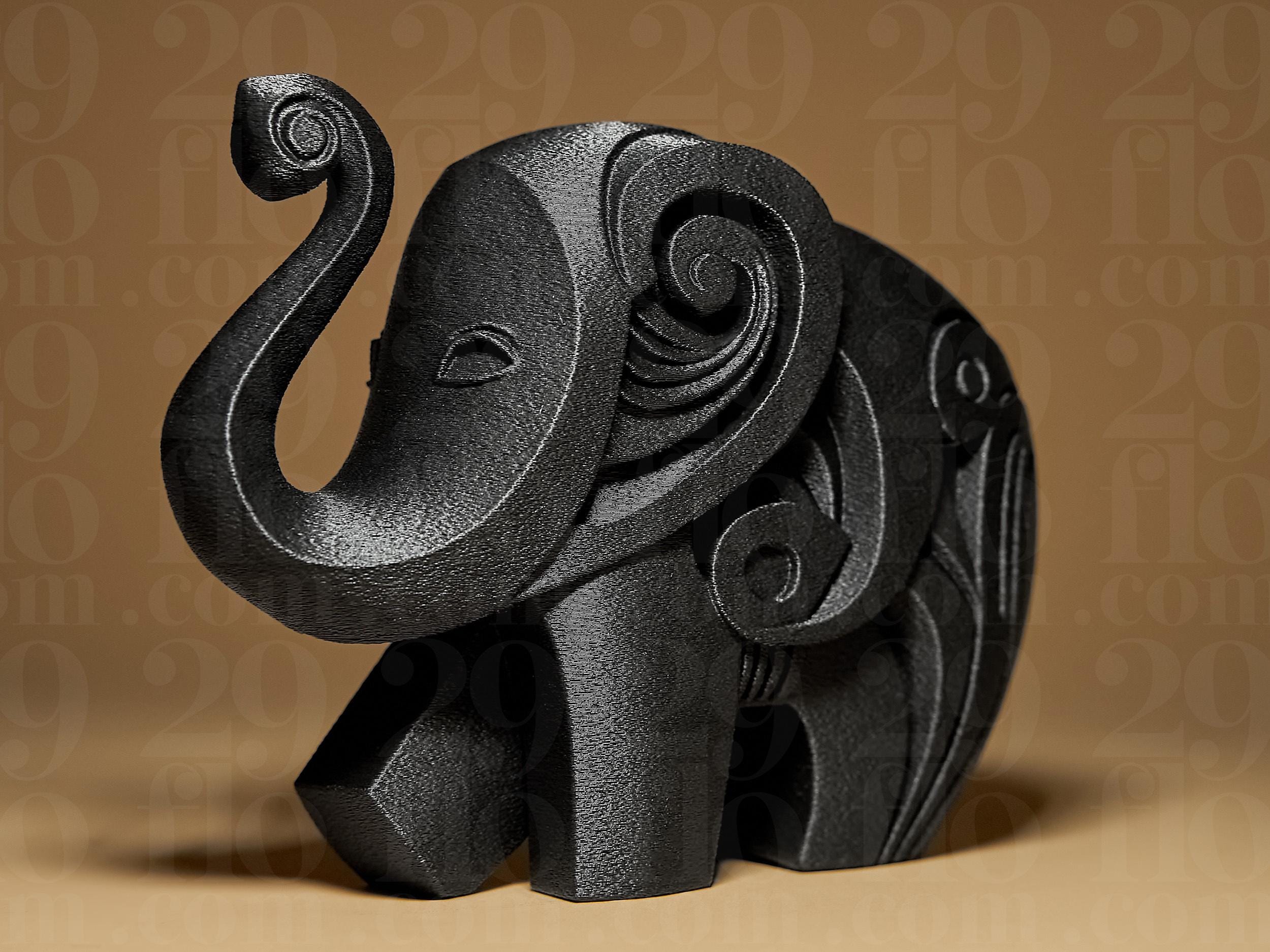 Happy Elephant #2 | Schwarze 3D-gedruckte Elefantenfigur | Geometrische Deko | 29Flo Black Series | Glückselefant & Designobjekt Fehn-factory.de