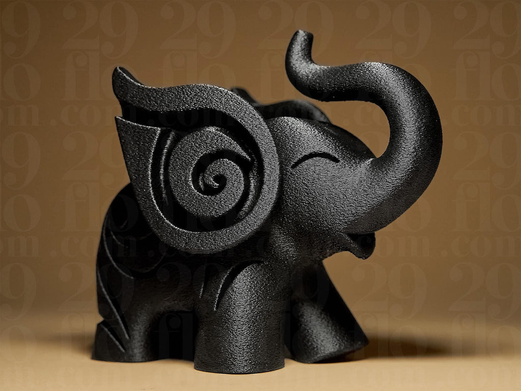 Happy Elephant #1 | Schwarze 3D-gedruckte Elefantenfigur | Symbol für Glück & Stärke | 29Flo Black Series | Design-Dekofigur Fehn-factory.de