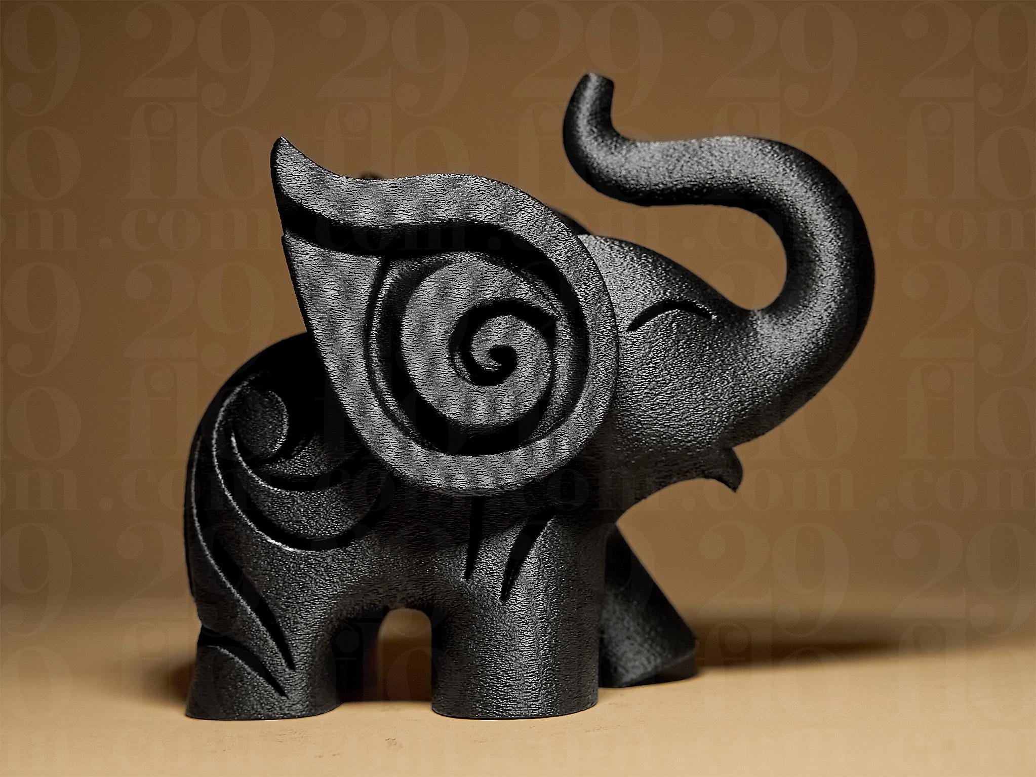 Happy Elephant #1 | Schwarze 3D-gedruckte Elefantenfigur | Symbol für Glück & Stärke | 29Flo Black Series | Design-Dekofigur Fehn-factory.de