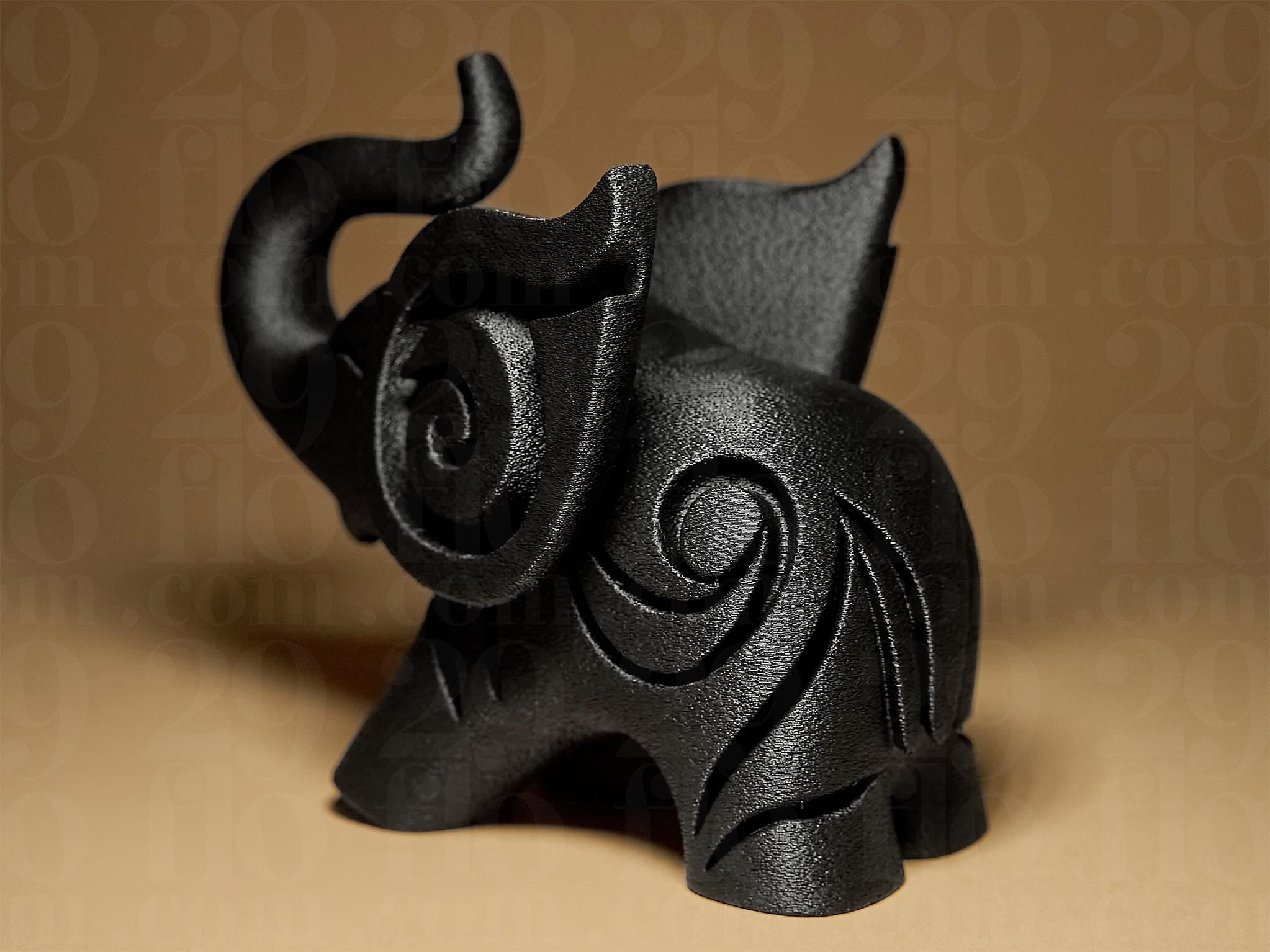 Happy Elephant #1 | Schwarze 3D-gedruckte Elefantenfigur | Symbol für Glück & Stärke | 29Flo Black Series | Design-Dekofigur Fehn-factory.de