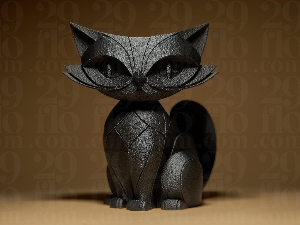 Cat Figurine | Schwarze Katzenfigur im modernen Stil | 3D-gedruckte Designskulptur | 29Flo Black Series | Elegante Wohn-Deko Fehn-factory.de