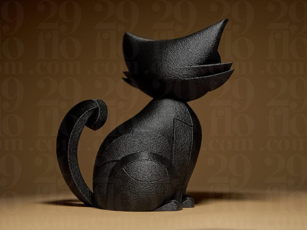 Cat Figurine | Schwarze Katzenfigur im modernen Stil | 3D-gedruckte Designskulptur | 29Flo Black Series | Elegante Wohn-Deko Fehn-factory.de