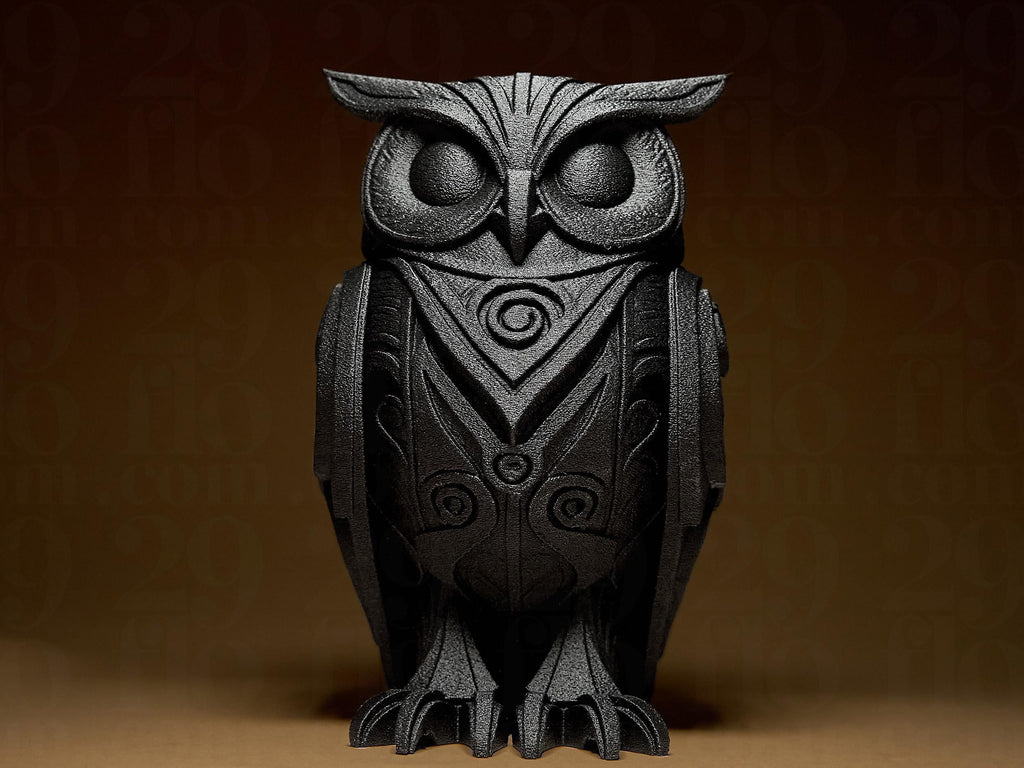 Designer Owl Sculpture | Schwarze Eulenfigur mit Ornament-Struktur | 3D-gedruckte Skulptur | 29Flo Black Serie | Symbol Weisheit & Intuition Fehn-factory.de