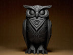 Designer Owl Sculpture | Schwarze Eulenfigur mit Ornament-Struktur | 3D-gedruckte Skulptur | 29Flo Black Serie | Symbol Weisheit & Intuition Fehn-factory.de