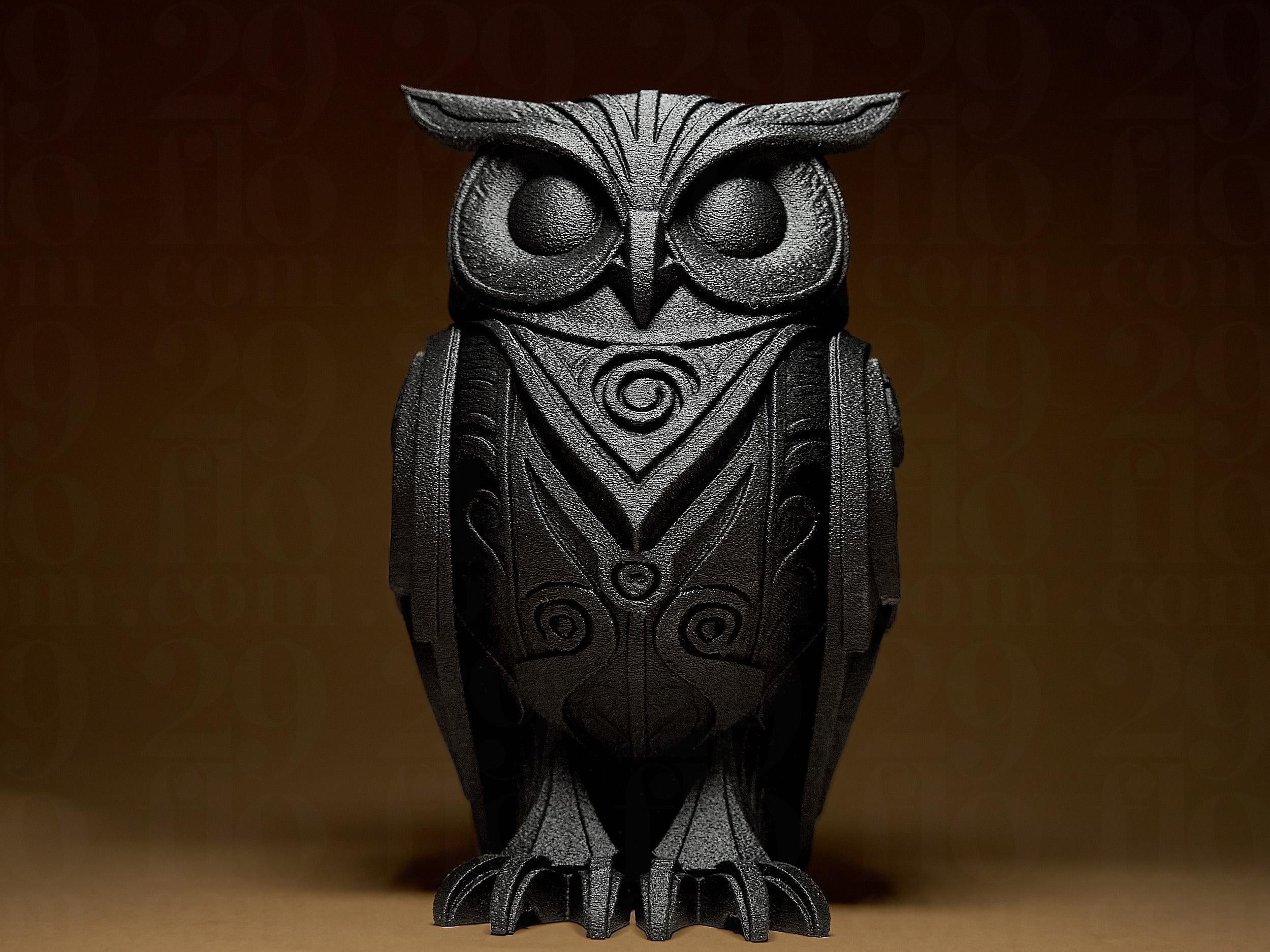 Designer Owl Sculpture | Schwarze Eulenfigur mit Ornament-Struktur | 3D-gedruckte Skulptur | 29Flo Black Serie | Symbol Weisheit & Intuition Fehn-factory.de