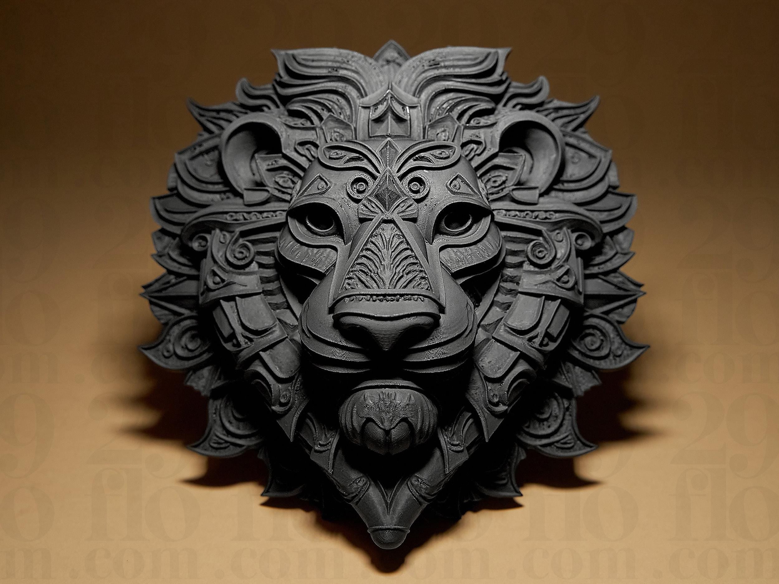 Lion Relief | Detailliertes Löwenrelief im 3D-Design | Schwarze Wandskulptur im modernen Stil Fehn-factory.de