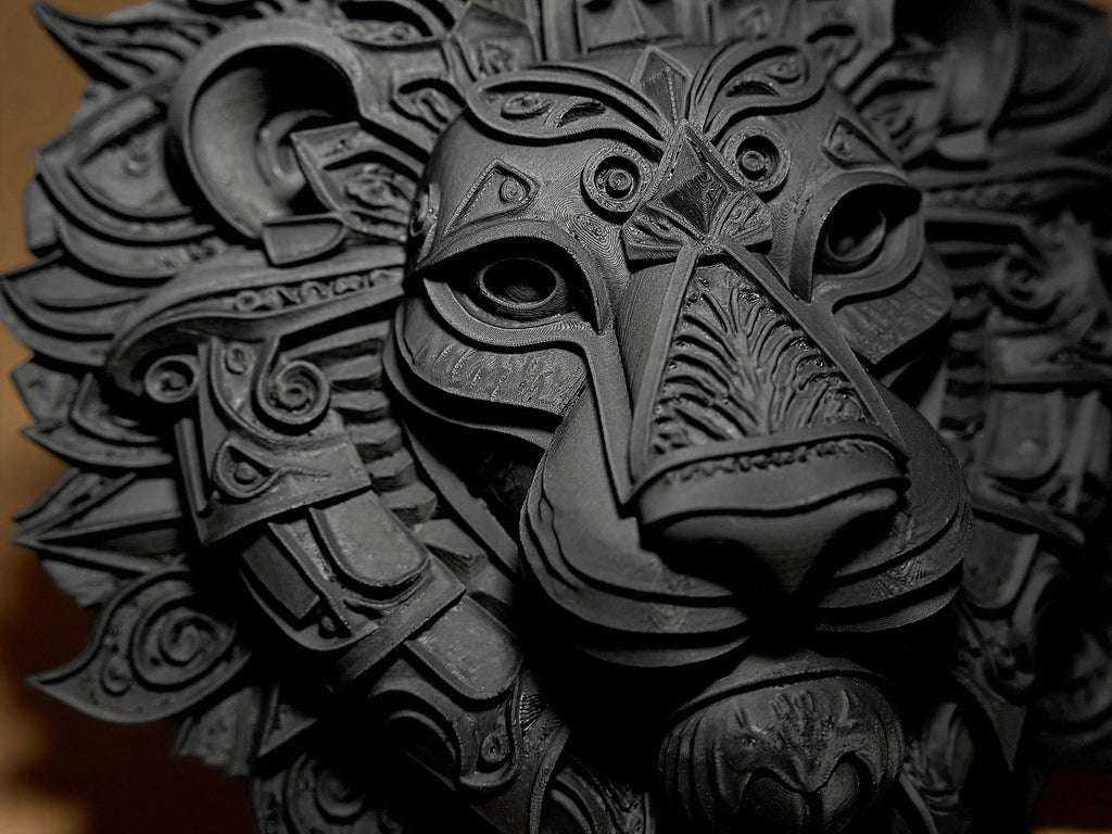 Lion Relief | Detailliertes Löwenrelief im 3D-Design | Schwarze Wandskulptur im modernen Stil Fehn-factory.de