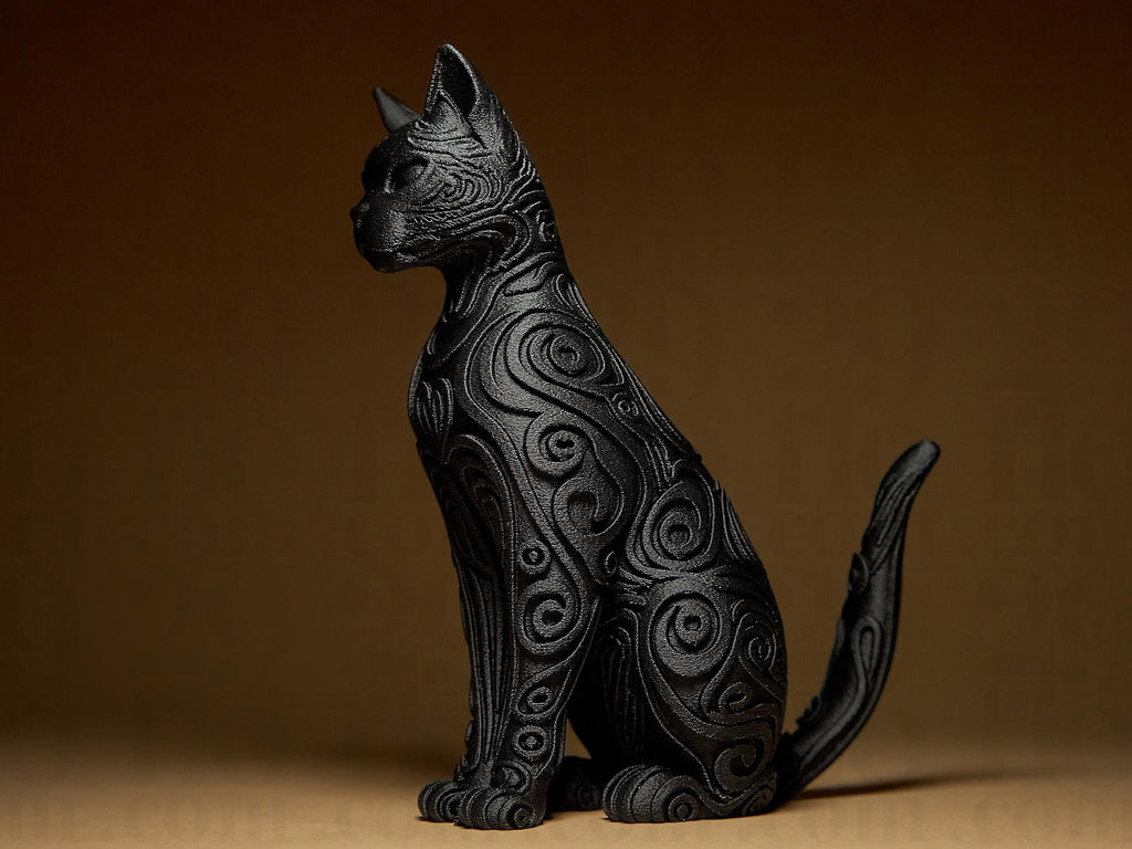 Designer Cat Sculpture | Schwarze Katzenfigur im modernen Stil | 3D-Kunstskulptur mit Ornamentstruktur Fehn-factory.de