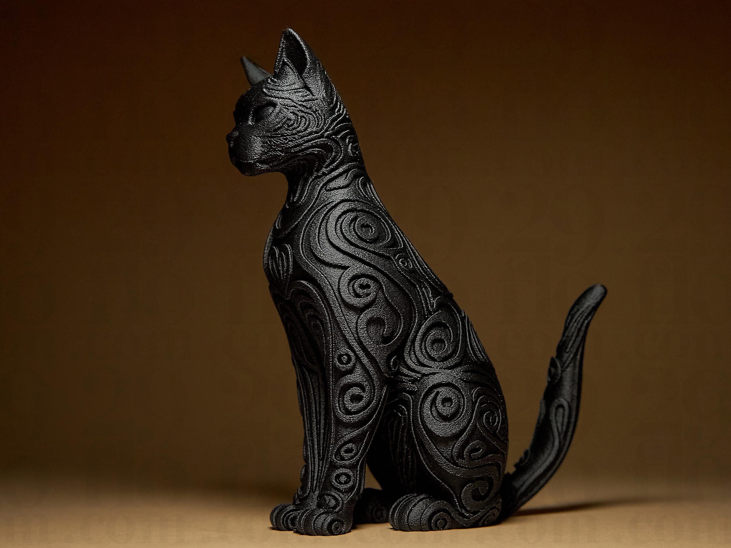 Designer Cat Sculpture | Schwarze Katzenfigur im modernen Stil | 3D-Kunstskulptur mit Ornamentstruktur Fehn-factory.de