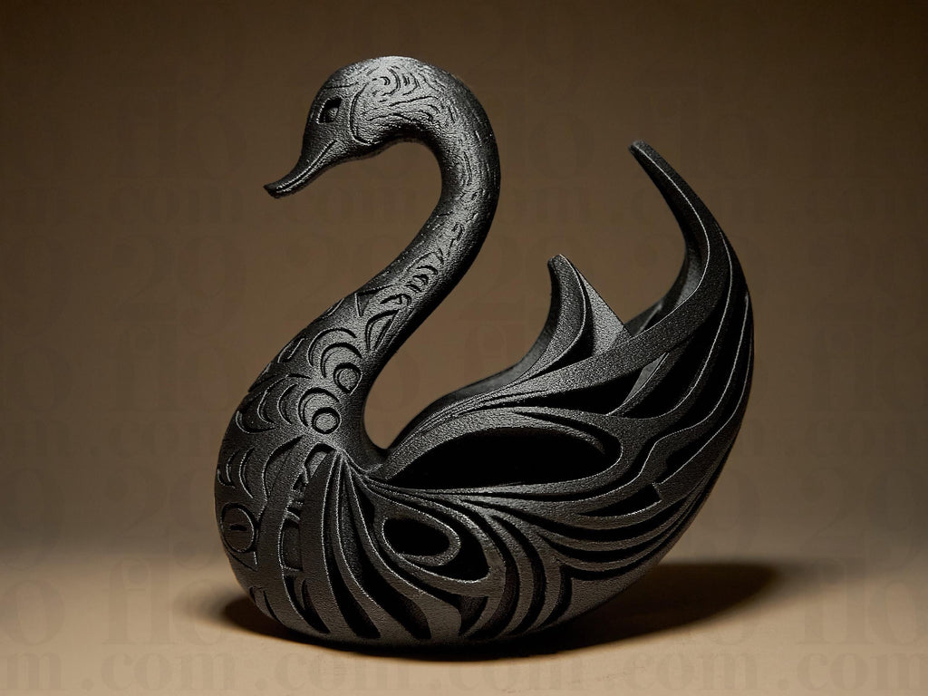 Designer Swan Sculpture | Schwarzer Schwan im modernen Stil | 3D-gedruckte Kunstskulptur mit Ornamentstruktur Fehn-factory.de