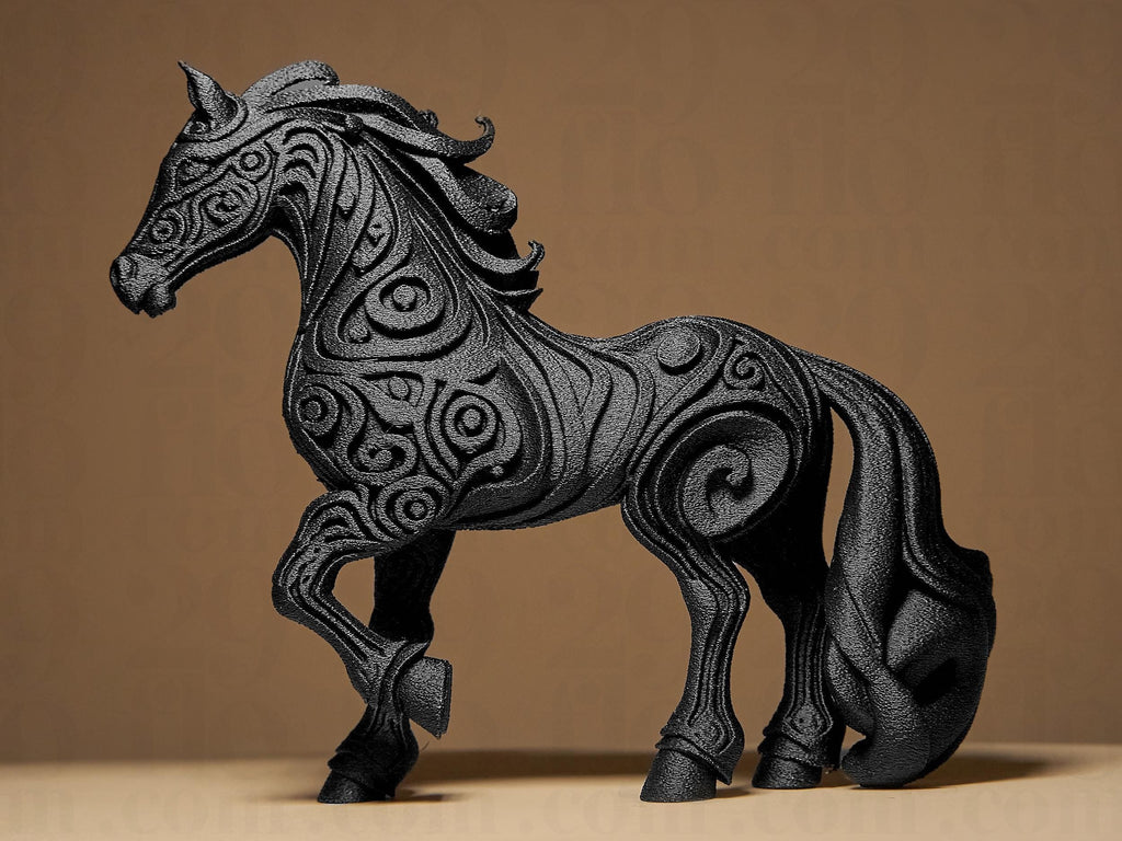 Designer Horse Sculpture | Schwarzes Pferd im modernen Stil | 3D-gedruckte Kunstskulptur mit Ornamentstruktur Fehn-factory.de