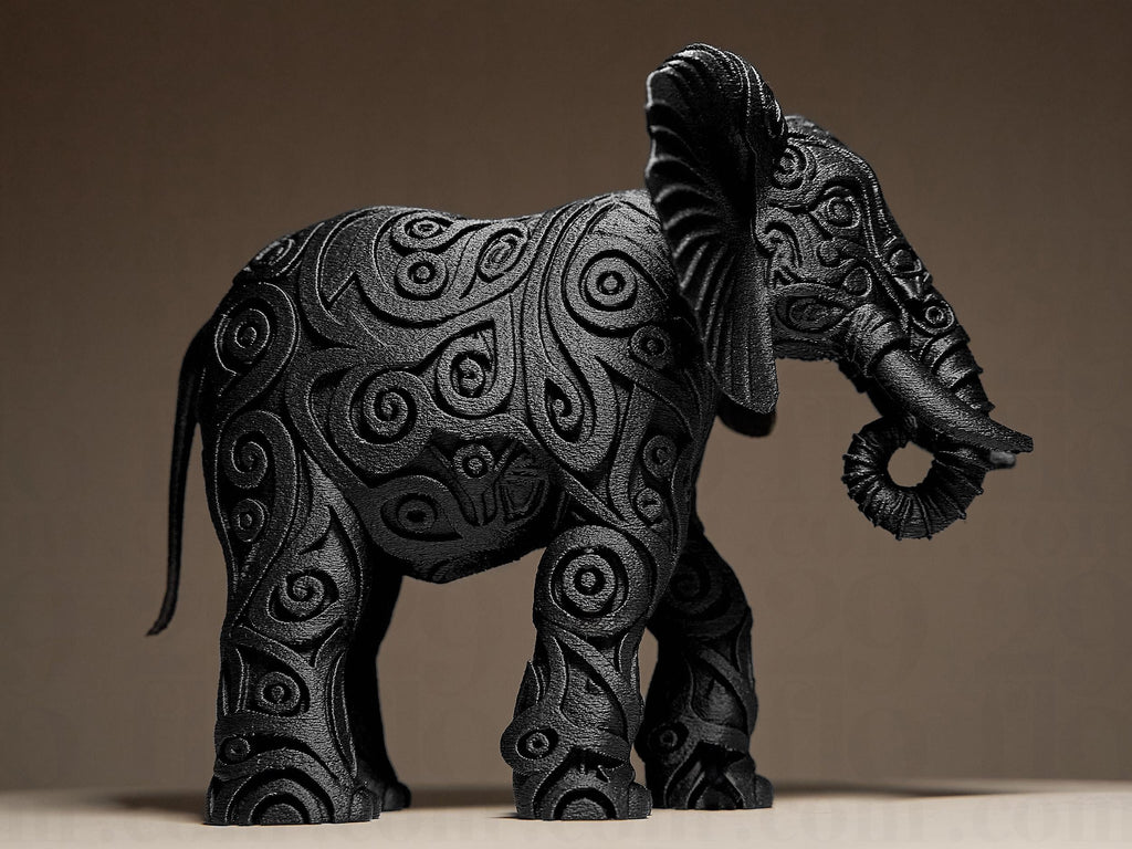 Designer Elephant Sculpture | Schwarze Elefantenfigur im modernen Stil | 3D-gedruckte Kunstskulptur mit Ornamentstruktur Fehn-factory.de
