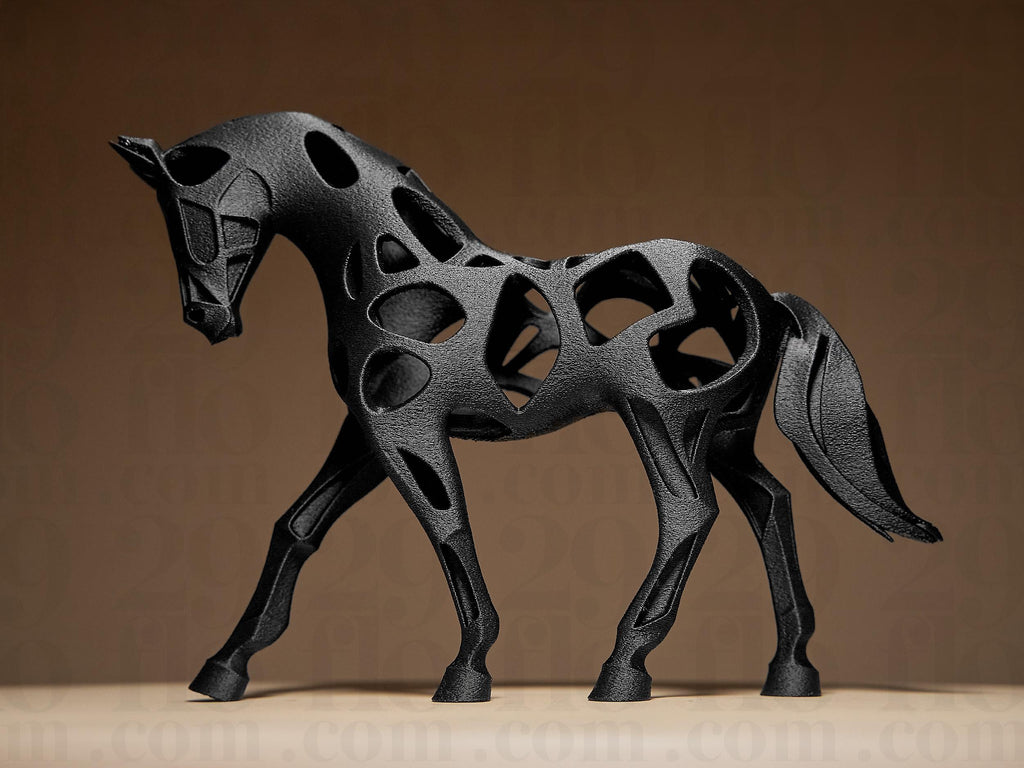 Hollow Horse Sculpture | Schwarze 3D-gedruckte Pferdefigur | Abstrakte Designskulptur aus der Black Series Fehn-factory.de