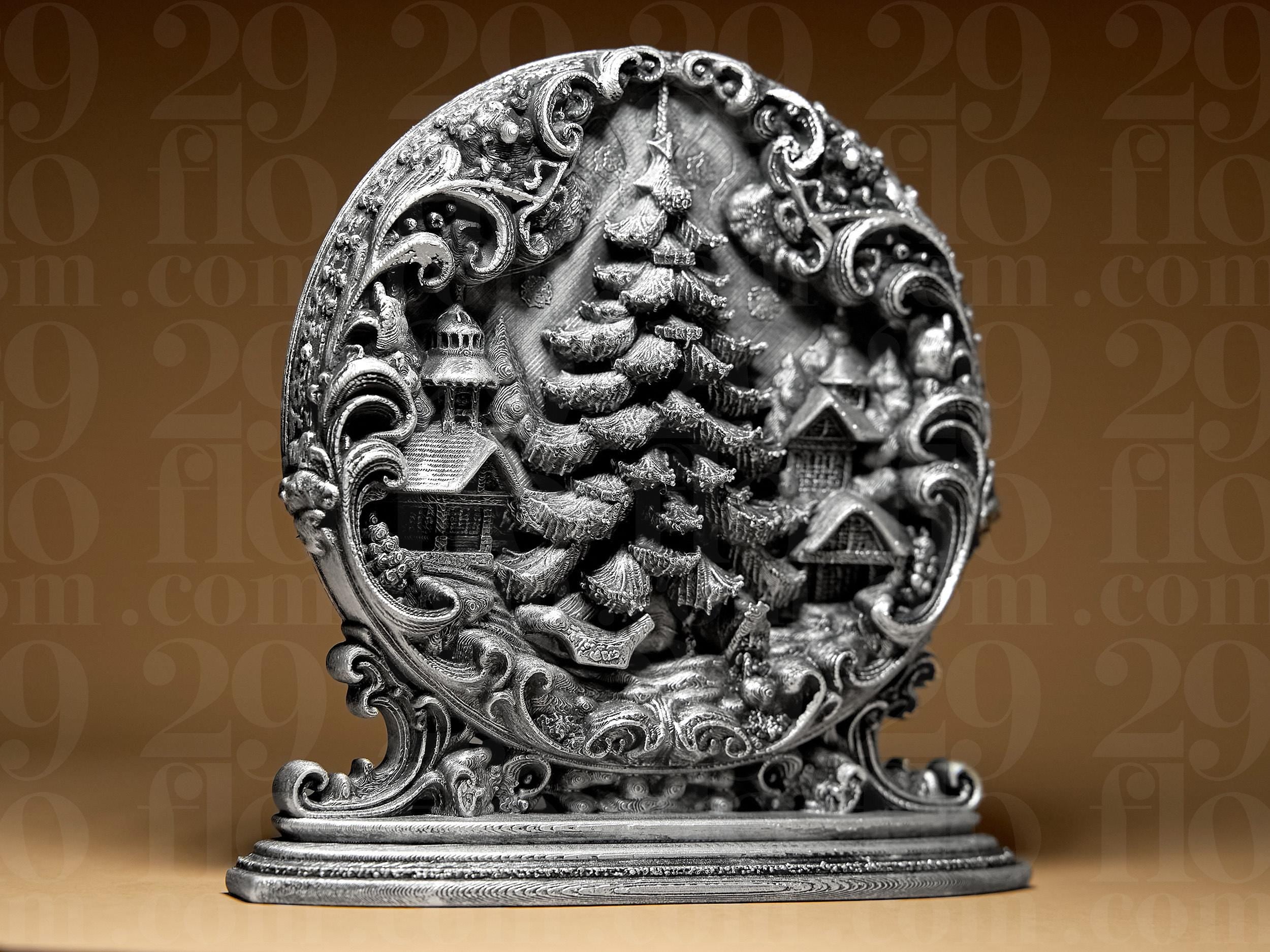Winter Relief Figur | Dekoratives Wandrelief mit Winterlandschaft | Kunstvolle Skulptur in Schwarz oder handbemalt in Silber Fehn-factory.de