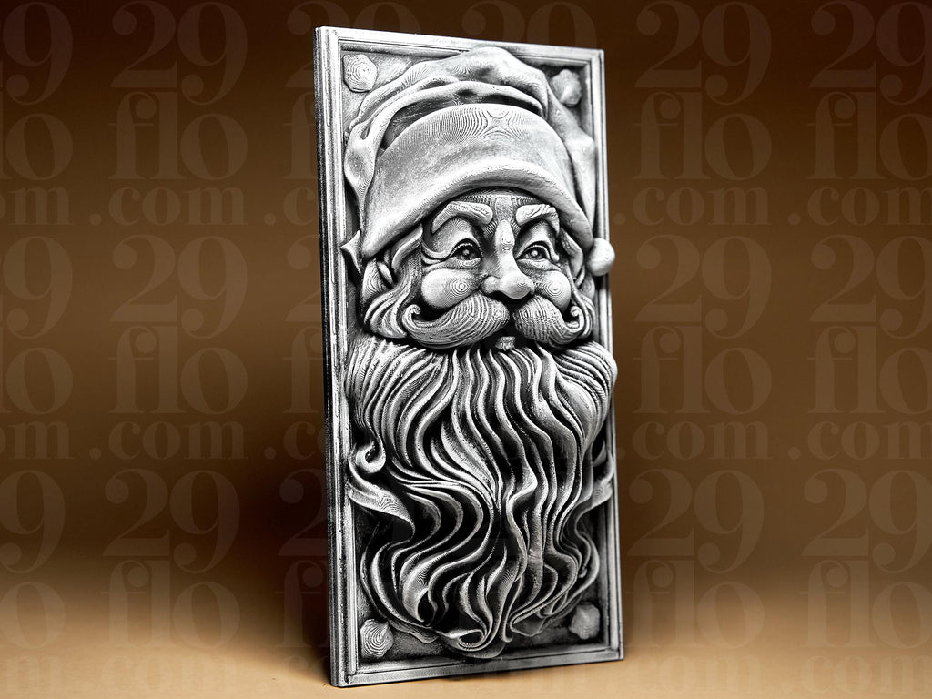 Santa Claus Wandrelief | Weihnachtsmann Dekoration | Kunstvolle Wandfigur in Schwarz oder handbemalt in Silber Fehn-factory.de