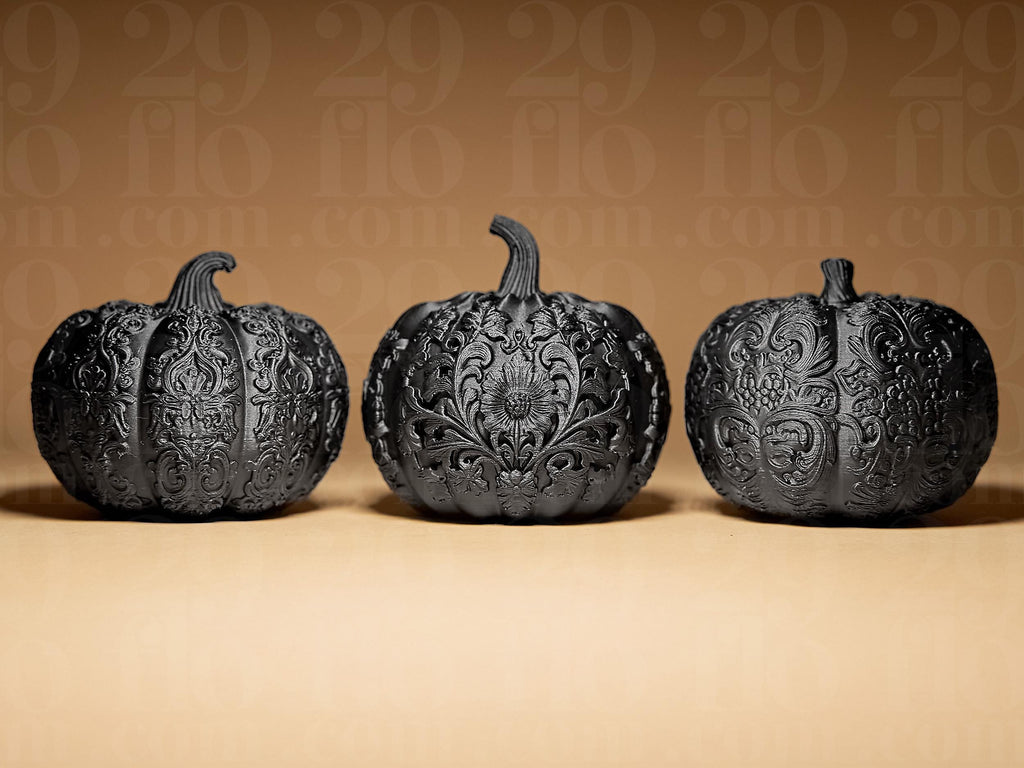 Set of 3 Ornamental Pumpkins | Gothic Halloween Deko | Dark Art Kürbis Figuren Fehn-factory.de