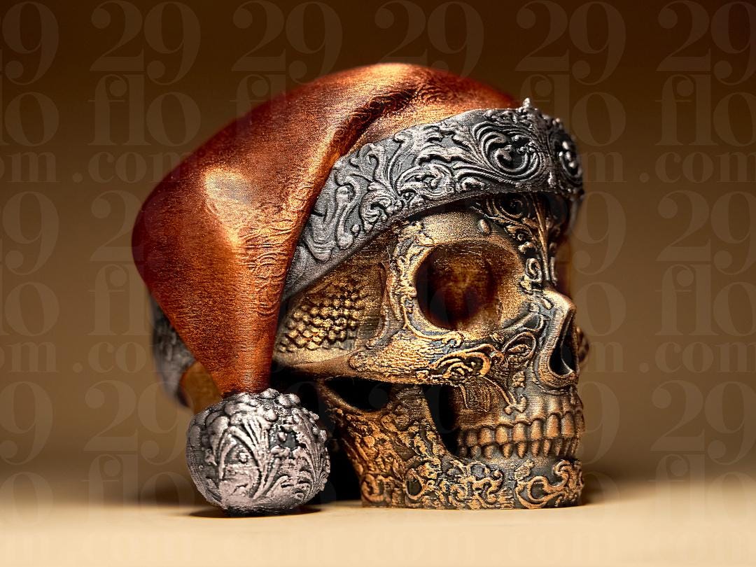 Santa Skull Statue | Ornamental Weihnachtsschädel | Gothic Weihnachtsdeko | Dark Art Skulptur