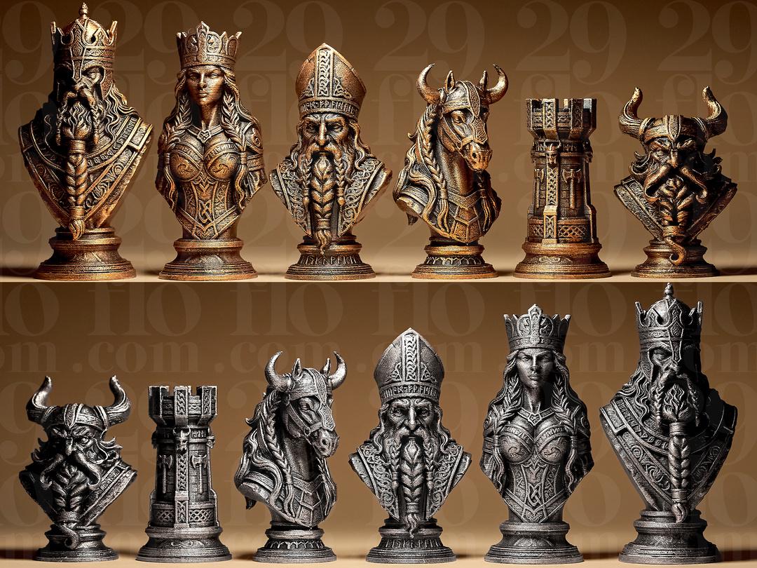 Wikinger Schachfiguren Set | Viking Chess Pieces | Nordische Mythologie Deko | Mittelalter Schach | Handbemalte Büsten Fehn-factory.de
