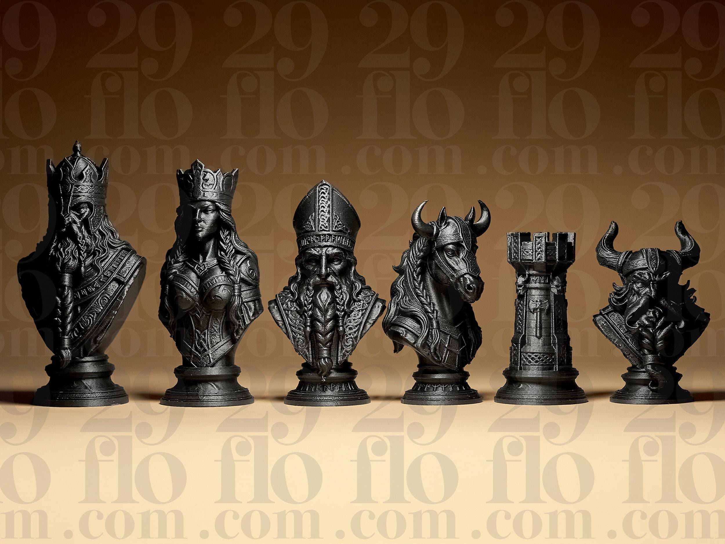 Wikinger Schachfiguren Set | Viking Chess Pieces | Nordische Mythologie Deko | Mittelalter Schach | Handbemalte Büsten Fehn-factory.de