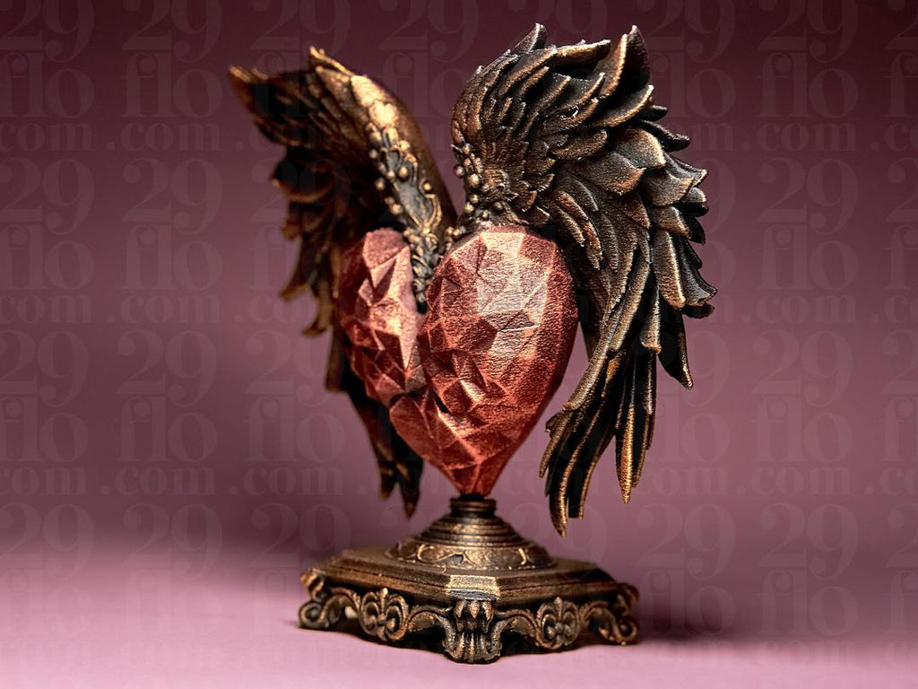 Heiliges Herz mit Flügeln Skulptur | Sacred Winged Heart Statue | Gothic Home Decor | Faceted Ruby Heart | Memorial Gift | Barock Engel