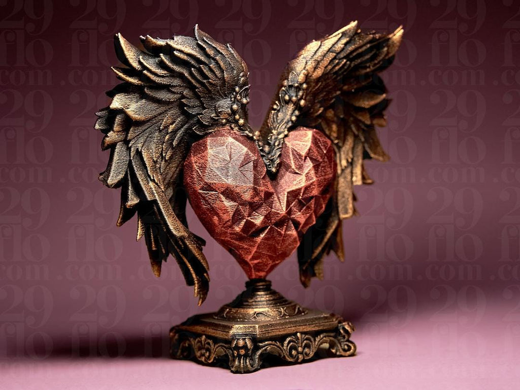 Heiliges Herz mit Flügeln Skulptur | Sacred Winged Heart Statue | Gothic Home Decor | Faceted Ruby Heart | Memorial Gift | Barock Engel