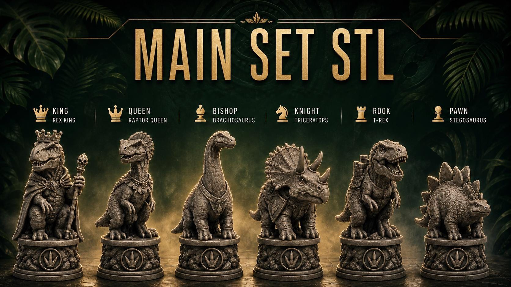 Dino Chess Set - 6 Dinosaurier-Schachfiguren STL