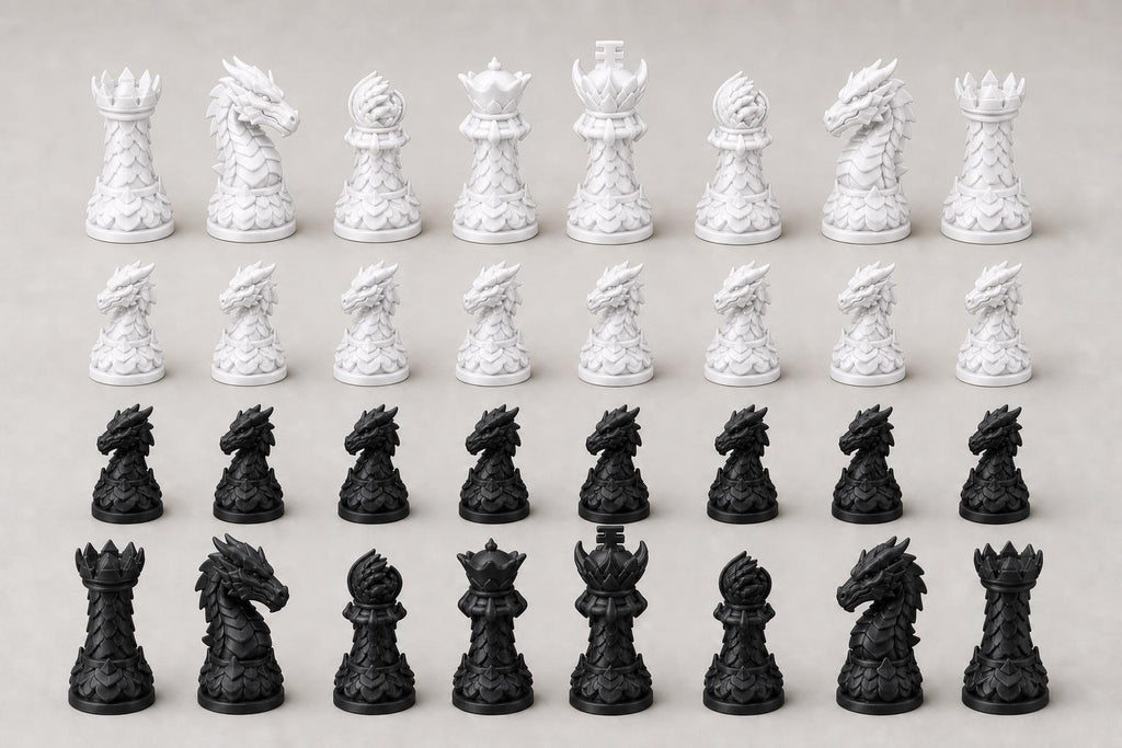 Drachen-Staunton-Schachfigurenset – komplettes 32-teiliges, 3D-gedrucktes PLA-Schachset | Geschenk für Schachfans | Made in Germany FehnFactory