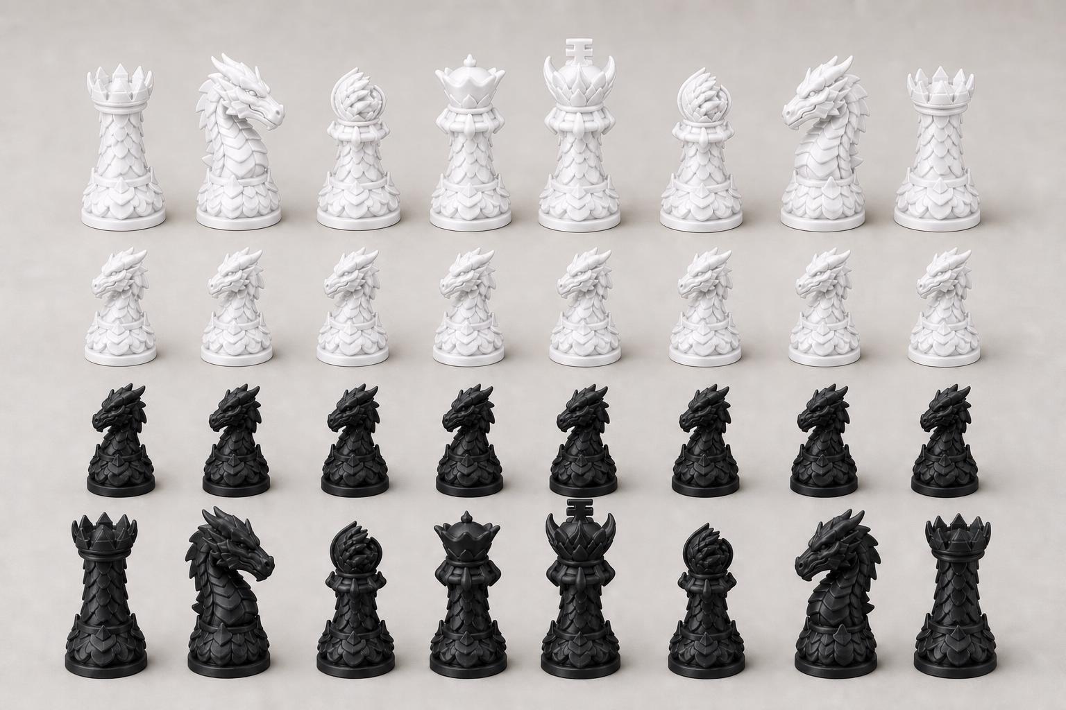 Drachen-Staunton-Schachfigurenset – komplettes 32-teiliges, 3D-gedrucktes PLA-Schachset | Geschenk für Schachfans | Made in Germany FehnFactory