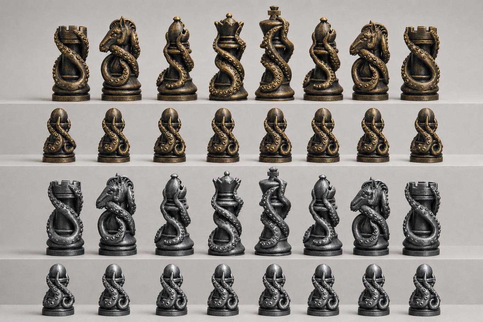 Tentakel-Schachfigurenset – komplettes 32-teiliges, 3D-gedrucktes PLA-Schachset | Geschenk für Schachfans | Sammlerstück | Made in Germany FehnFactory