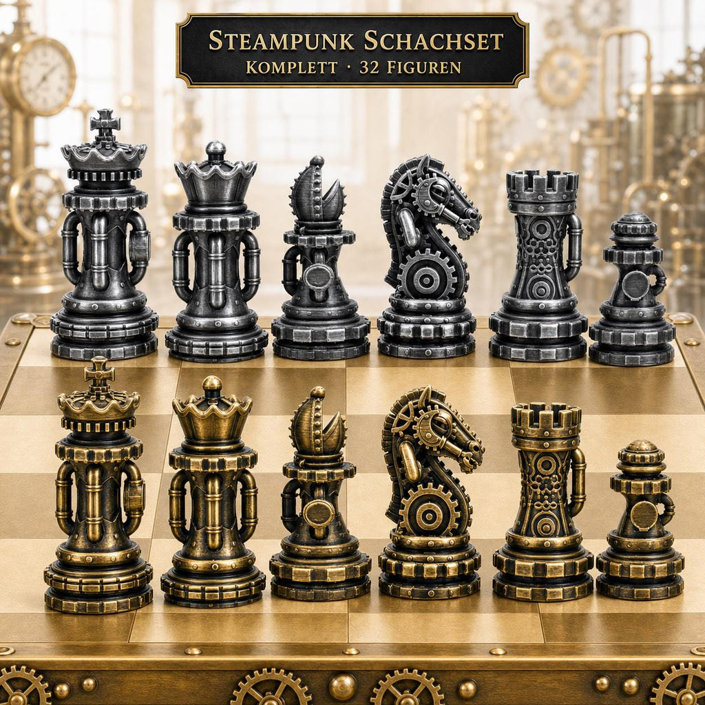 Steampunk-Staunton-Schachfigurenset – komplettes 32-teiliges, 3D-gedrucktes PLA-Schachset | Geschenk für Schachfans | Made in Germany FehnFactory
