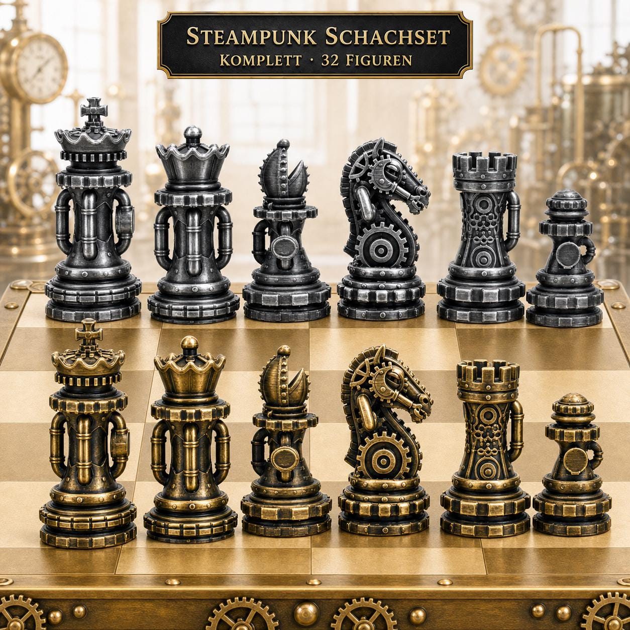 Steampunk-Staunton-Schachfigurenset – komplettes 32-teiliges, 3D-gedrucktes PLA-Schachset | Geschenk für Schachfans | Made in Germany FehnFactory