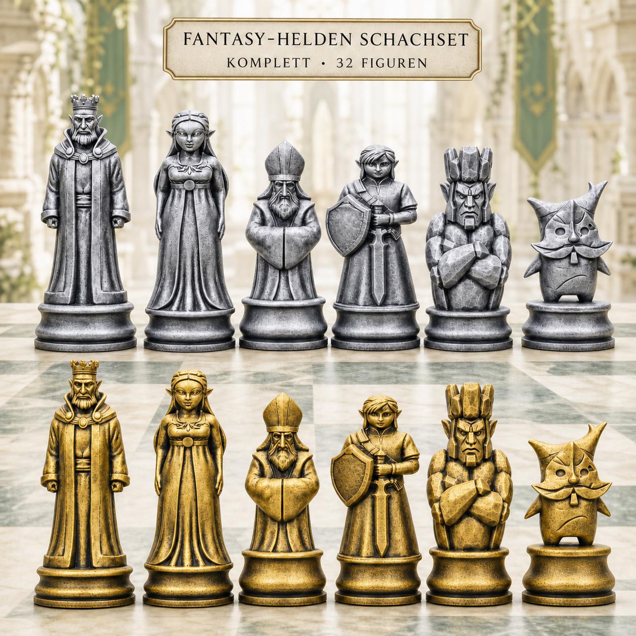 Fantasy-Helden-Schachfigurenset – komplettes 32-teiliges, 3D-gedrucktes PLA-Schachset | Geschenk für Schachfans | Made in Germany FehnFactory