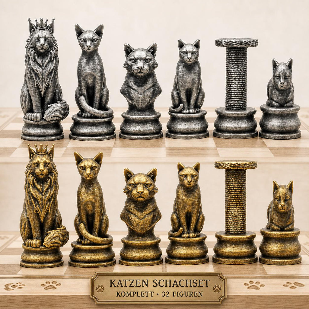 Katzen-Schachfigurenset – komplettes 32-teiliges, 3D-gedrucktes PLA-Schachset | Geschenk für Schachfans | Sammlerstück | Made in Germany FehnFactory