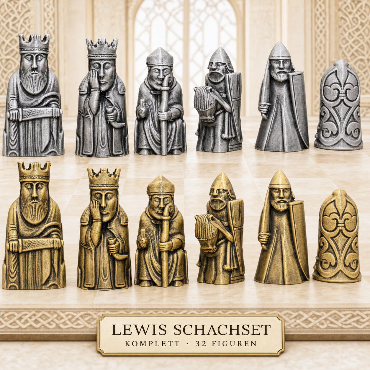 Lewis-inspiriertes Mittelalter-Schachfigurenset – komplettes 32-teiliges, 3D-gedrucktes PLA-Schachset | Sammlerstück | Made in Germany FehnFactory