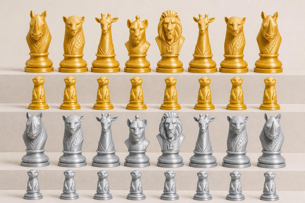 Afrikanische-Tierwelt-Schachfigurenset – komplettes 32-teiliges, 3D-gedrucktes PLA-Schachset | Geschenk für Schachfans | Made in Germany FehnFactory