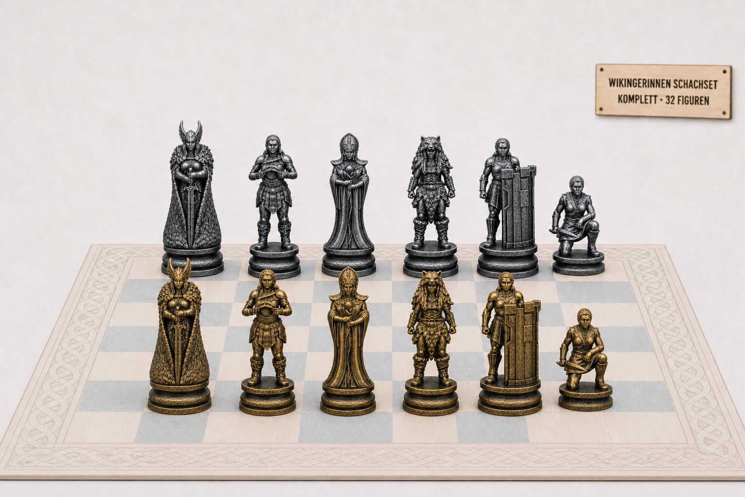 Wikingerinnen-Schachfigurenset – komplettes 32-teiliges, 3D-gedrucktes PLA-Schachset | Geschenk für Schachfans | Made in Germany FehnFactory