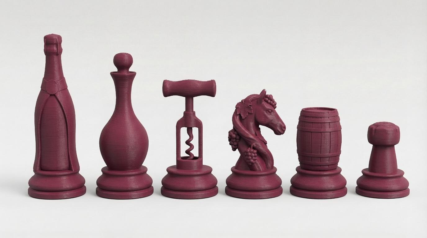 Wein-Motive-Schachfigurenset – komplettes 32-teiliges, 3D-gedrucktes PLA-Schachset | Geschenk für Schachfans | Made in Germany FehnFactory
