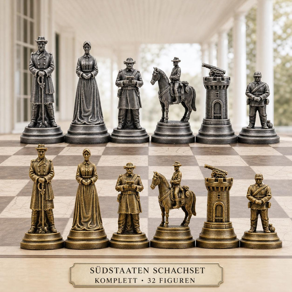 Südstaaten-Schachfigurenset – Amerikanischer Bürgerkrieg – komplettes 32-teiliges, 3D-gedrucktes PLA-Schachset | Made in Germany FehnFactory
