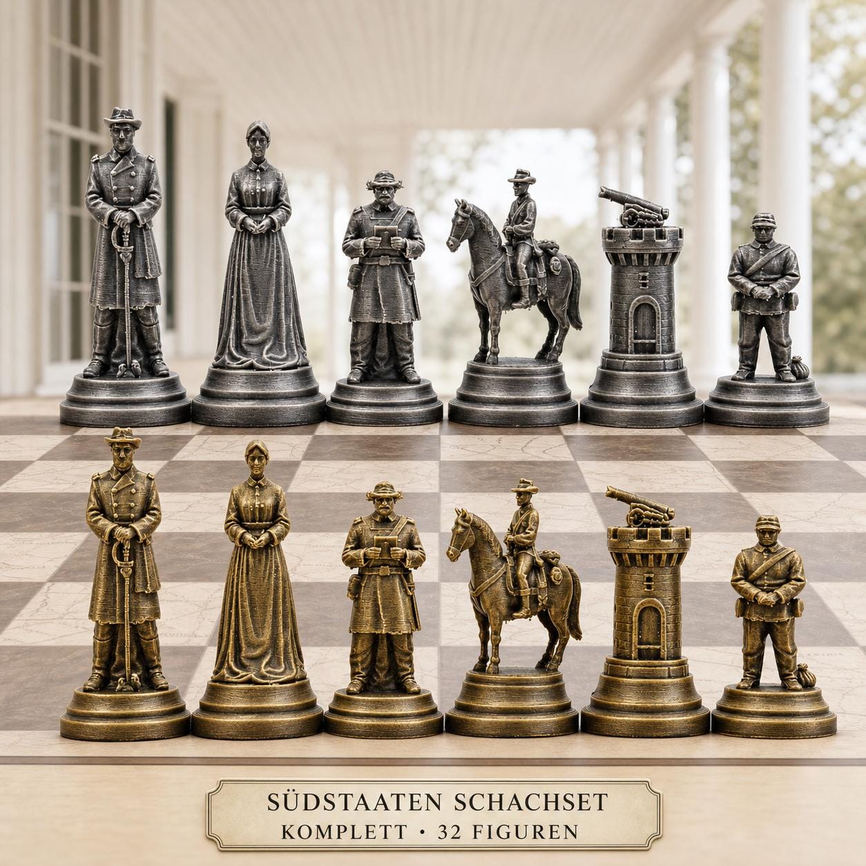Südstaaten-Schachfigurenset – Amerikanischer Bürgerkrieg – komplettes 32-teiliges, 3D-gedrucktes PLA-Schachset | Made in Germany FehnFactory